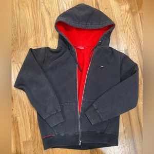 Supreme Zip Up hooded contrast sweatshirt in faded black/red with distress
